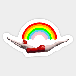 Swimmer in a red bathing suit in the middle of the rainbow of dreams Sticker
